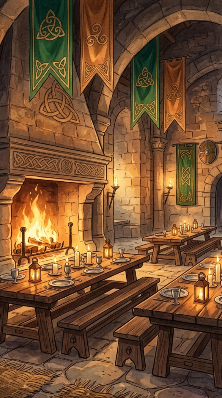 Gran Salón de DunBroch con chimenea y banquete